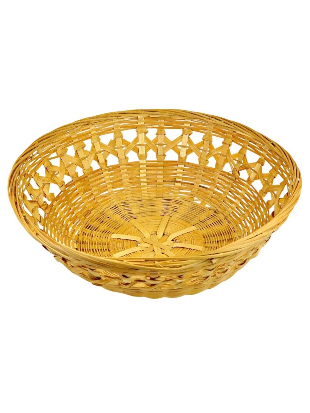 Vintage Handwoven Rattan Basket 1960s Round Mid-Century Open‑Weave Bowl
